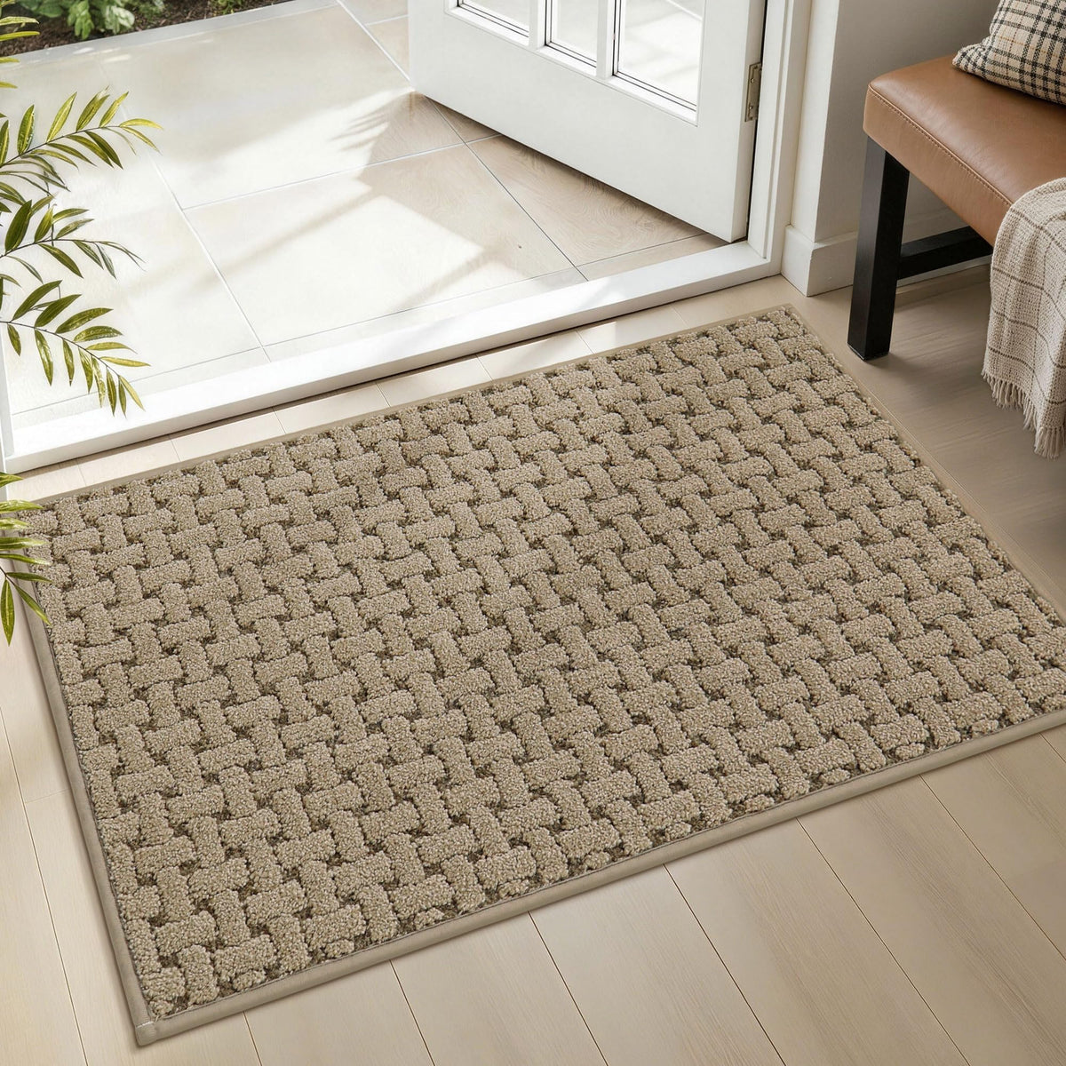 FLOORHUG felpudo frontal mostrando diseño beige y beneficio limpieza