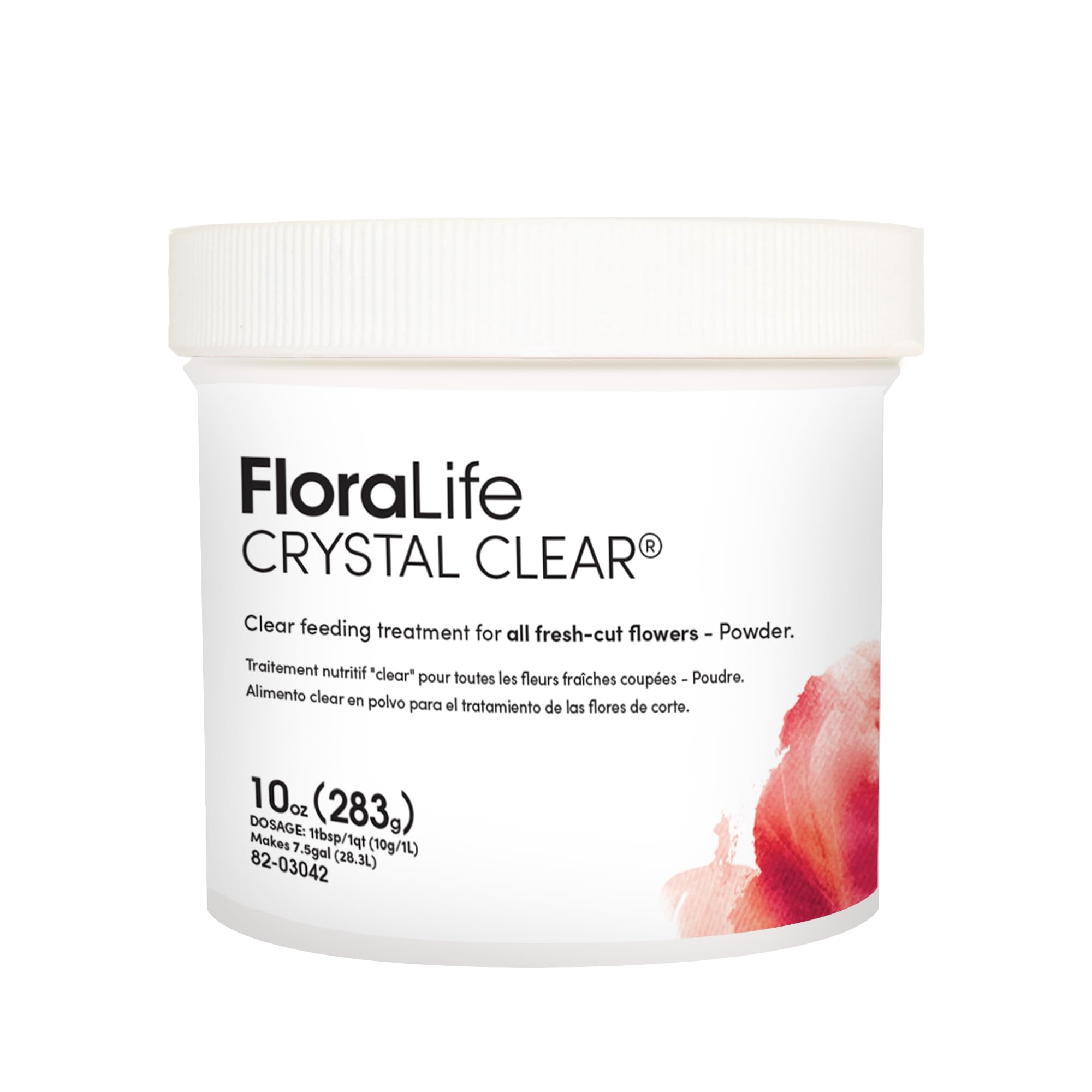Floralife Crystal Clear frente del envase mostrando etiqueta y contenido claro