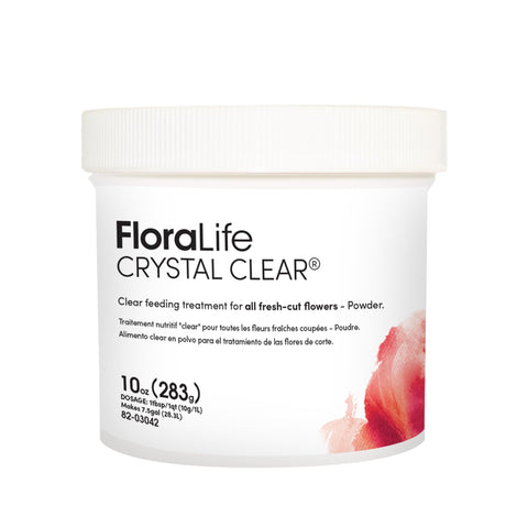Floralife Crystal Clear frente del envase mostrando etiqueta y contenido claro