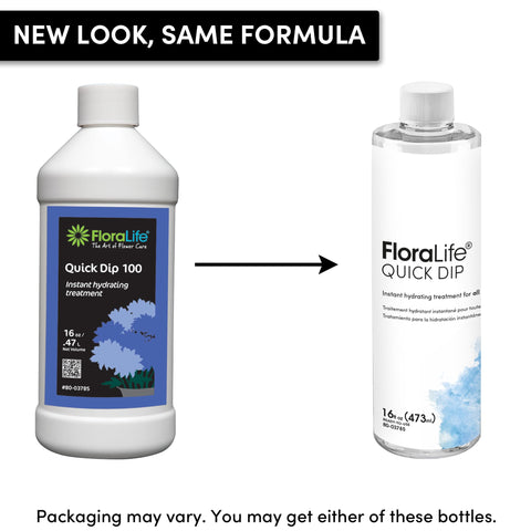Floralife Quick Dip en uso sumergiendo tallo para hidratación inmediata