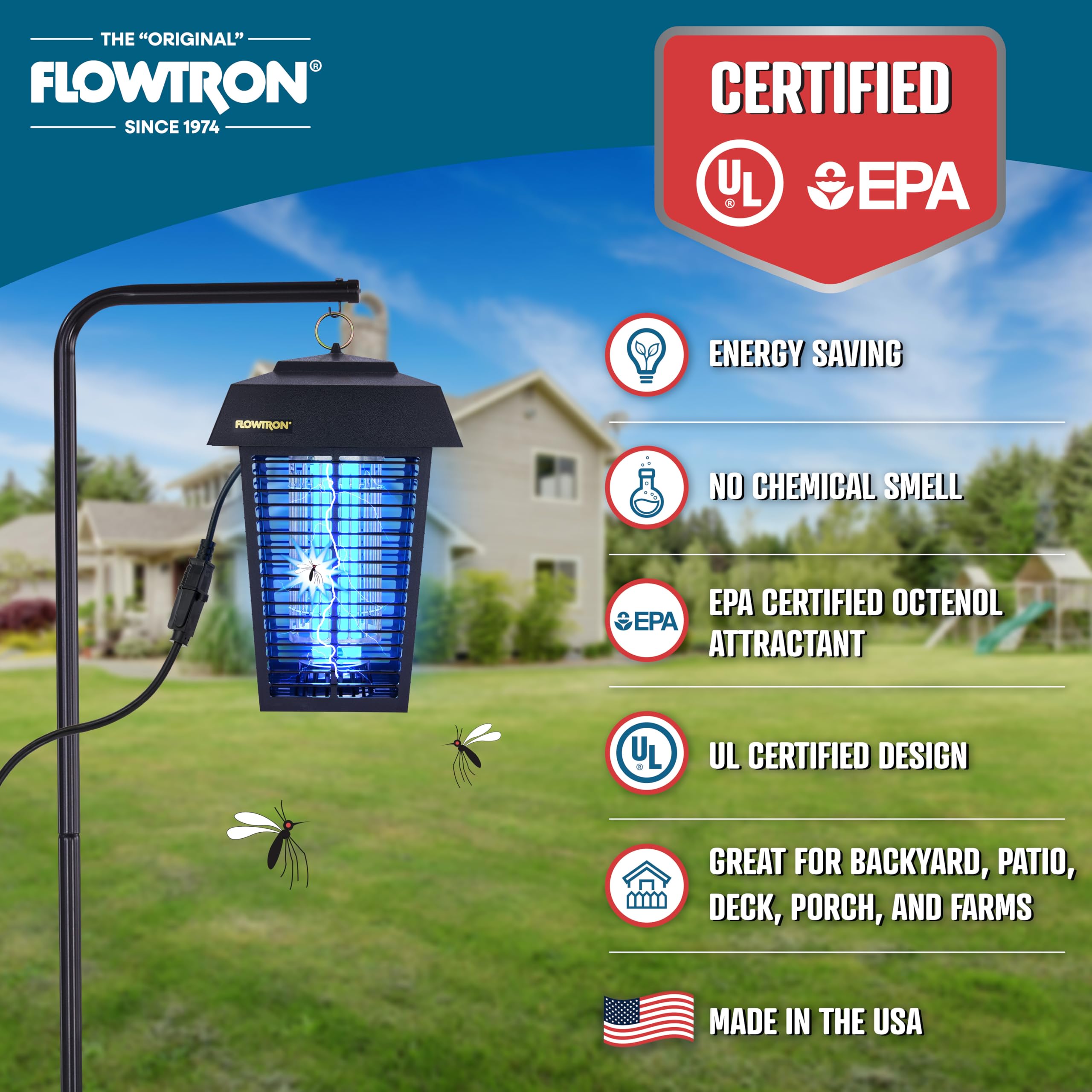 Flowtron instalación colgada en pérgola para protección de área exterior