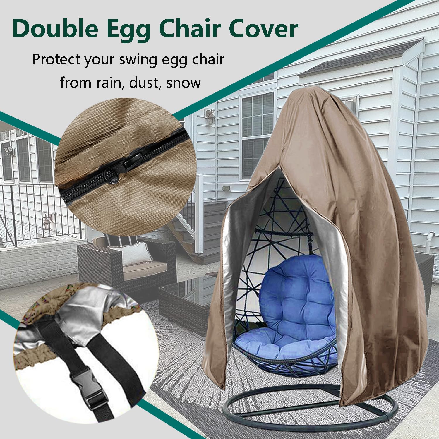 FLYMEI funda colocada en silla huevo en terraza mostrando protección