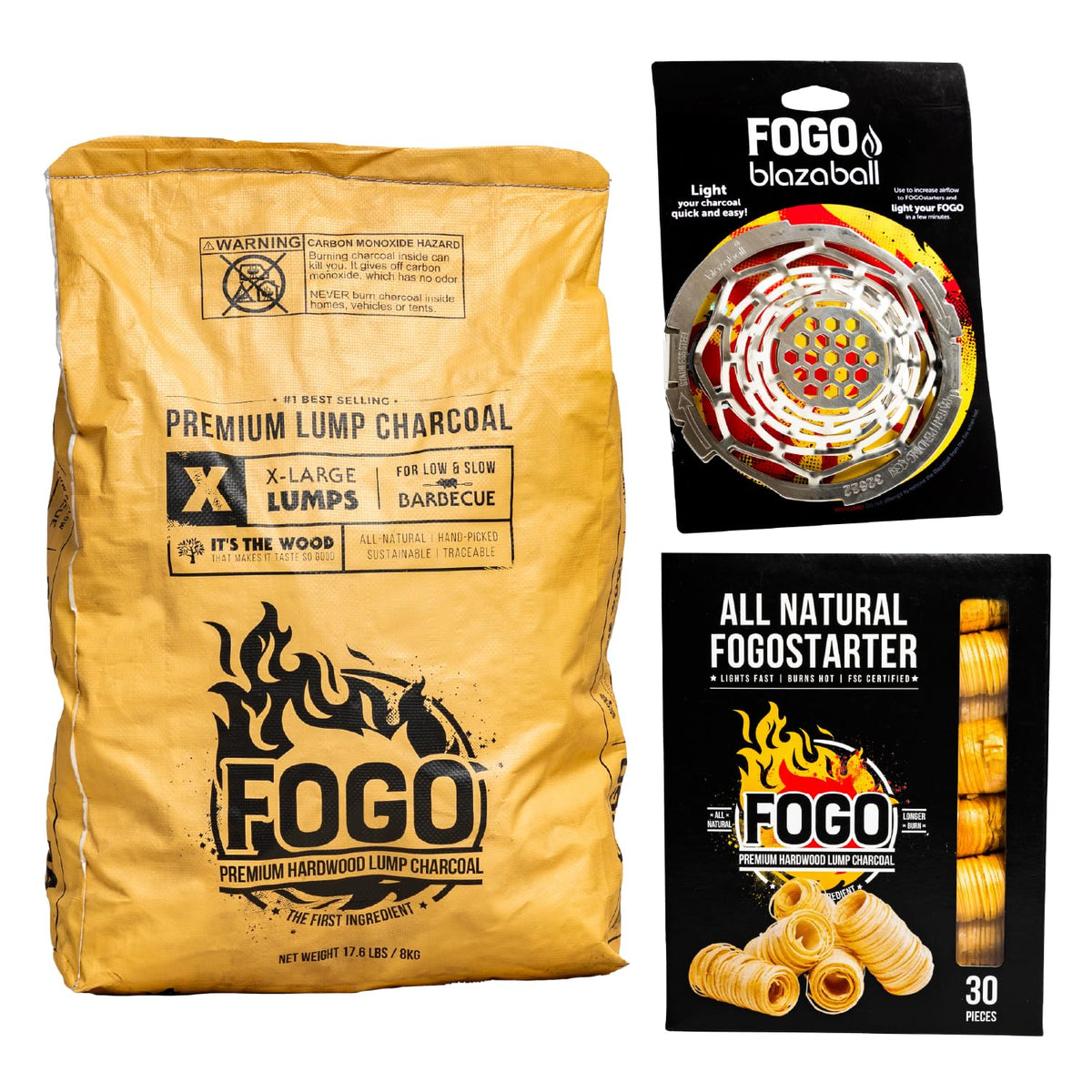 FOGO bolsa frontal 17.6 lb mostrando marca y capacidad para asados prolongados