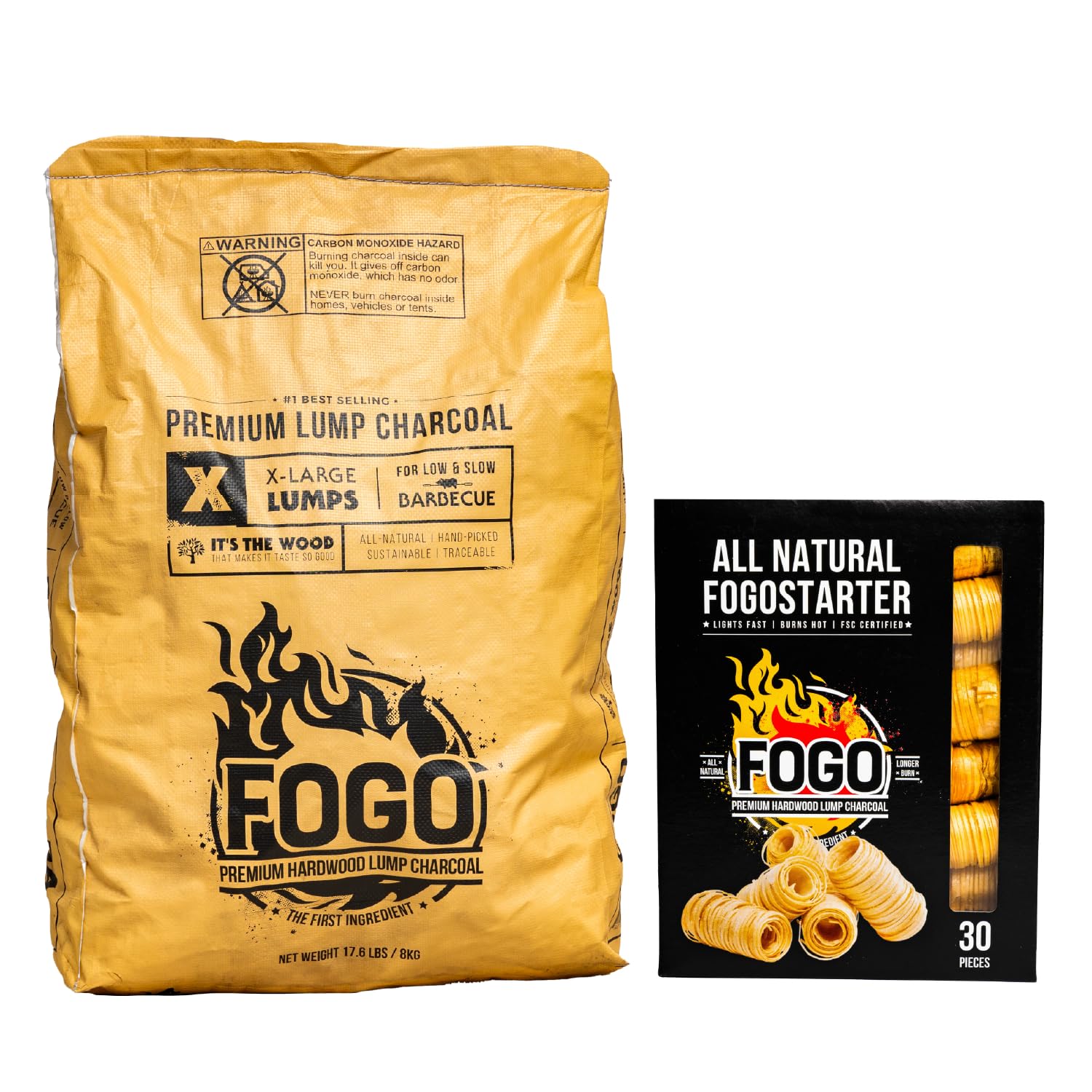 FOGO bolsa 17.6 lb vista frontal con carbón premium listo para uso