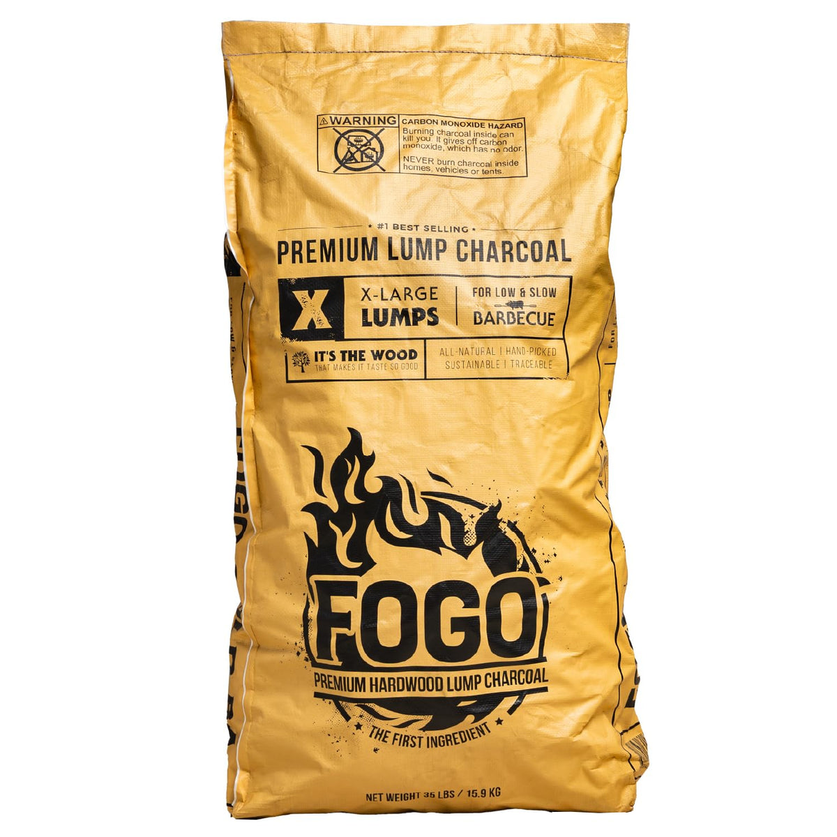 FOGO bolsa 35 lb frente mostrando marca y peso para compras grandes