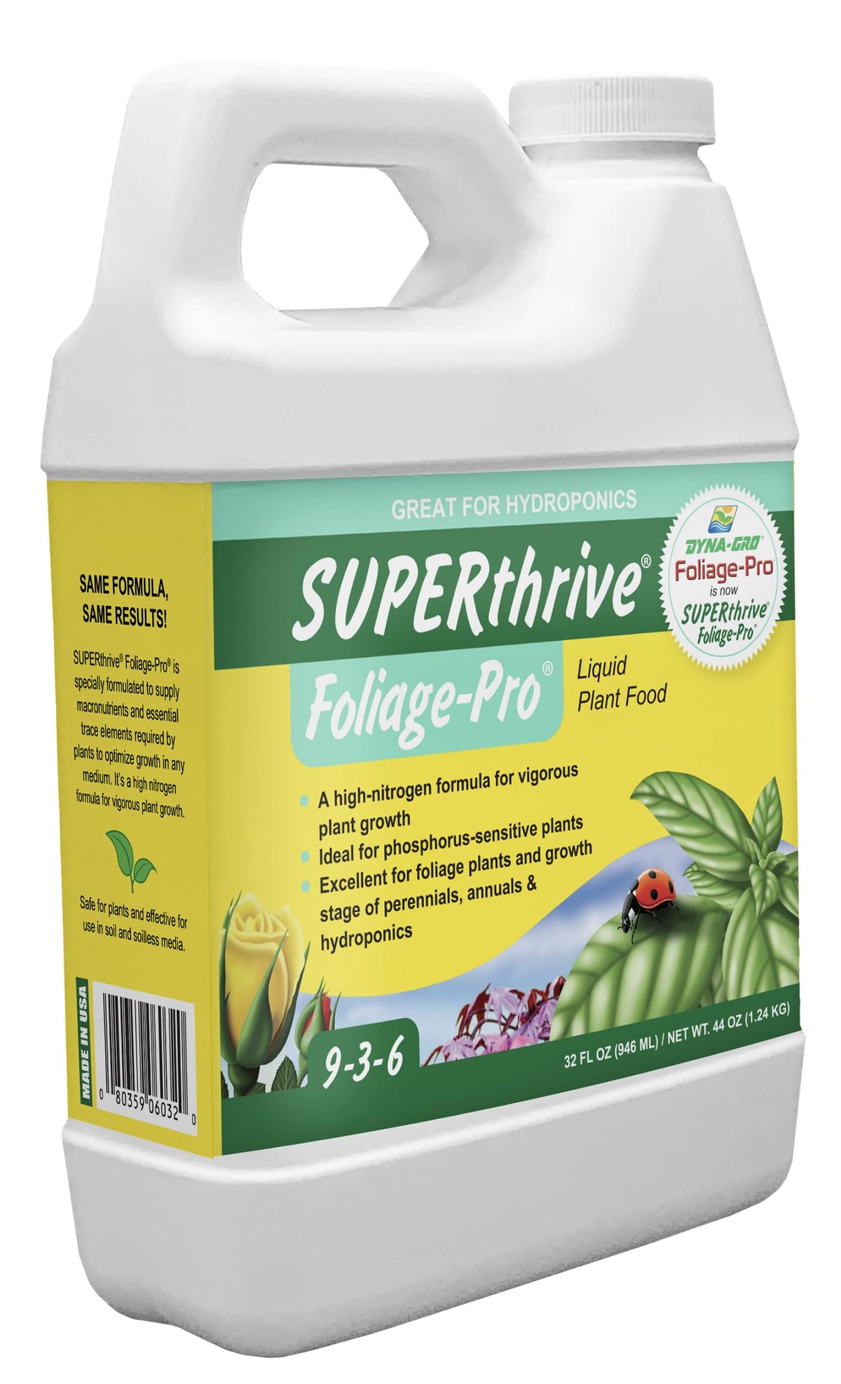 Foliage-Pro botella frontal mostrando etiqueta y volumen, facilita identificación rápida