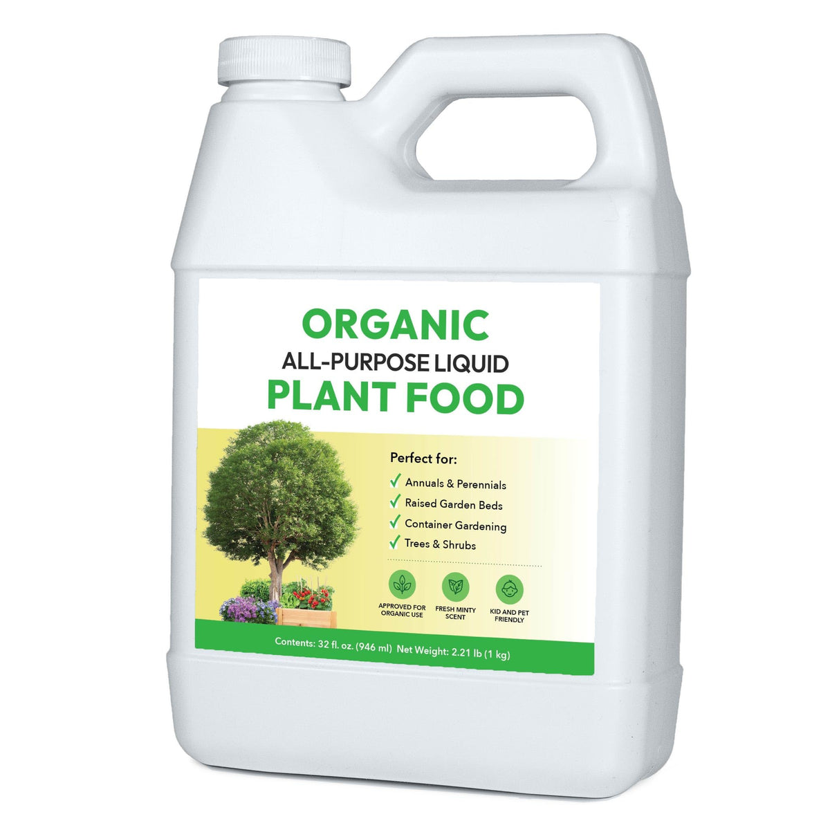 FOOP envase frontal 32oz mostrando etiqueta clara y uso orgánico