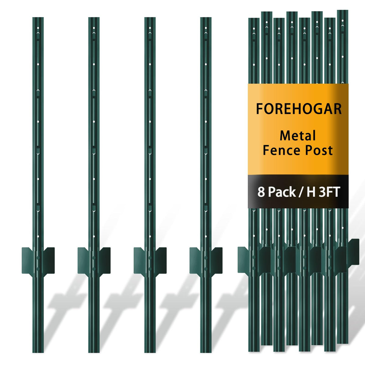 FOREHOGAR poste T frontal verde mostrando paquete de 8, durabilidad y apariencia