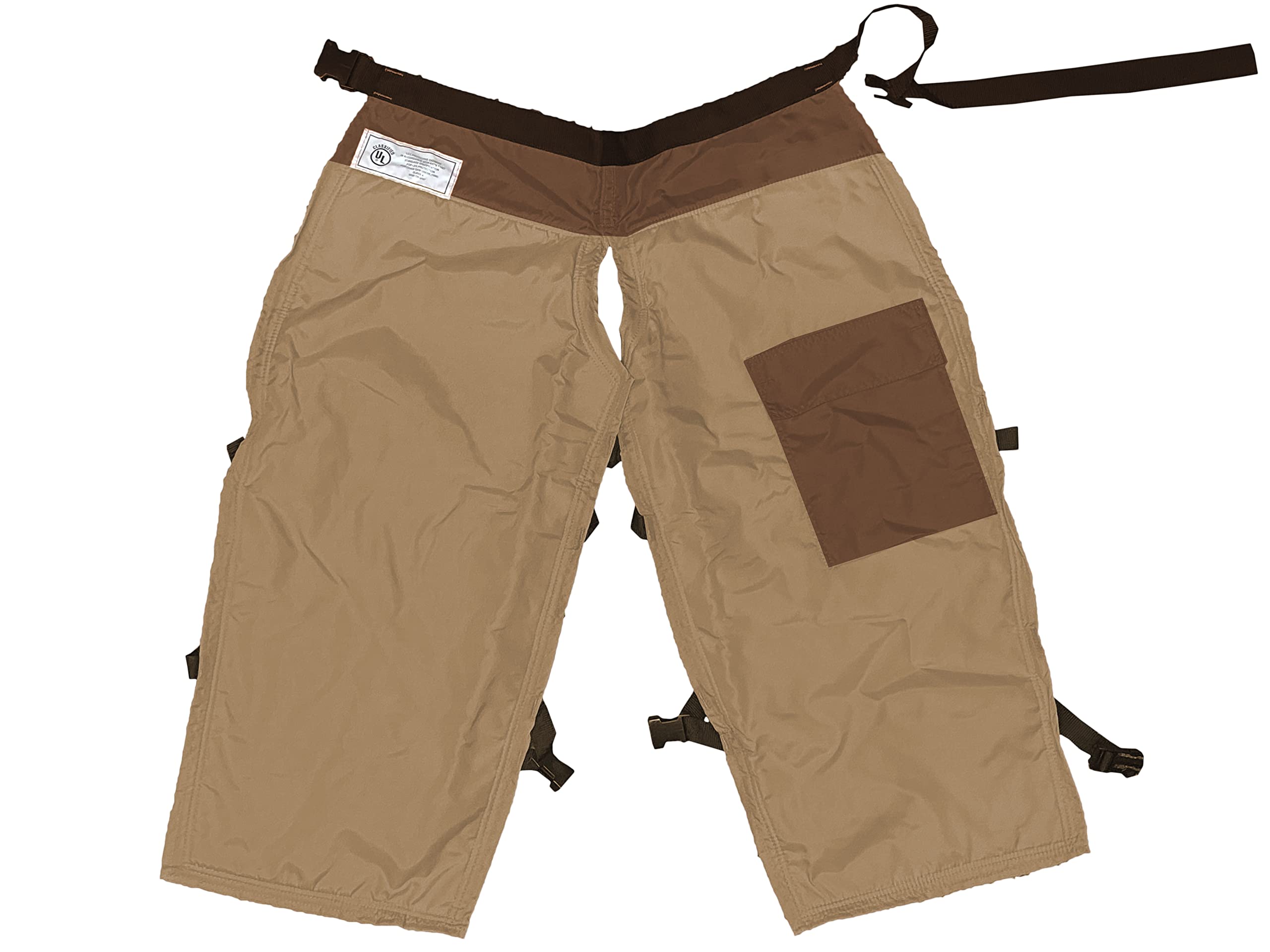 FORESTER chaps frontal estilo delantal mostrando bolsillo y ajuste resistente