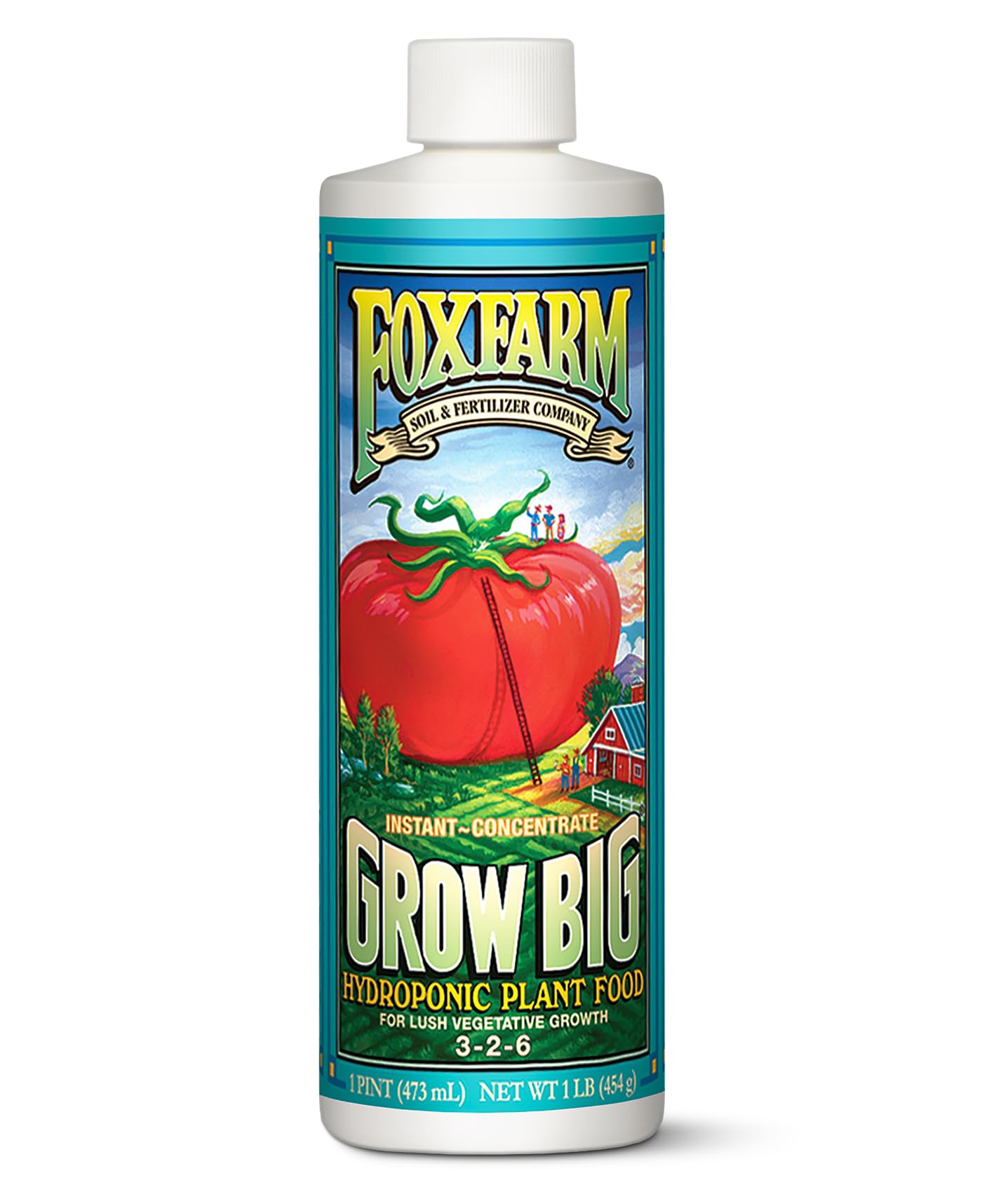 FoxFarm botella frontal Grow Big mostrando diseño y concentración