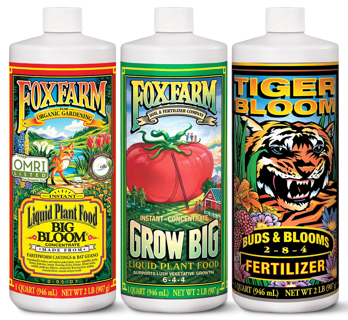 FoxFarm pack completo mostrando las tres botellas para nutrición integral