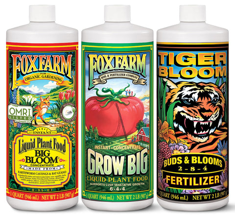FoxFarm pack completo mostrando las tres botellas para nutrición integral
