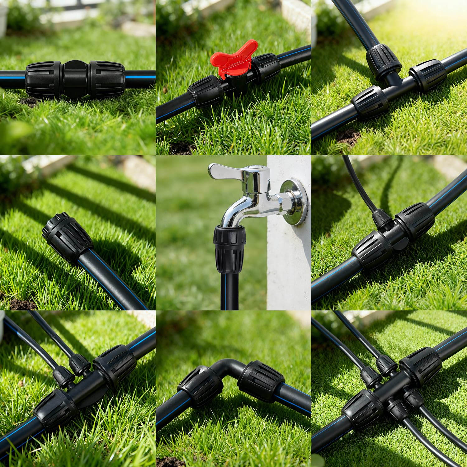 FoxRose acople instalado en tubería 1/2" en jardín, facilita reparaciones rápidas