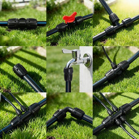 FoxRose acople instalado en tubería 1/2" en jardín, facilita reparaciones rápidas
