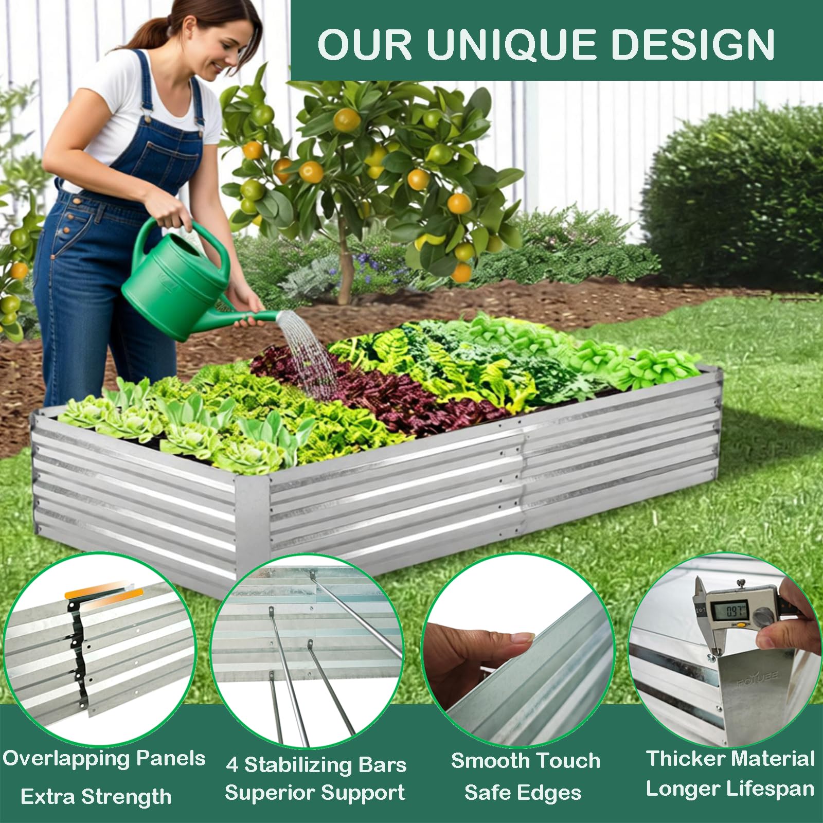 FOYUEE cama montada con hortalizas demostrando espacio útil y cultivo ordenado