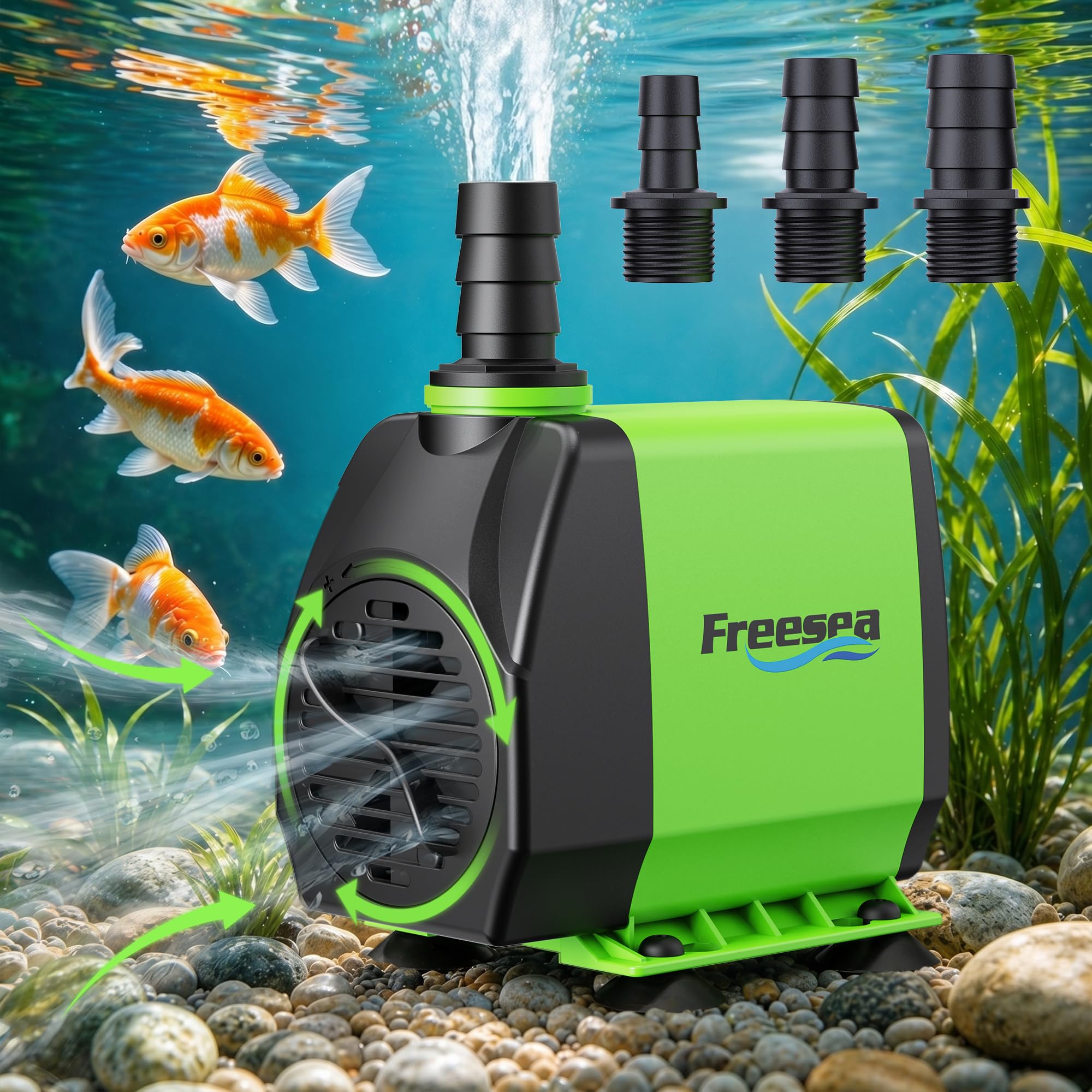 FREESEA vista frontal de la bomba 800GPH mostrando diseño compacto y montaje