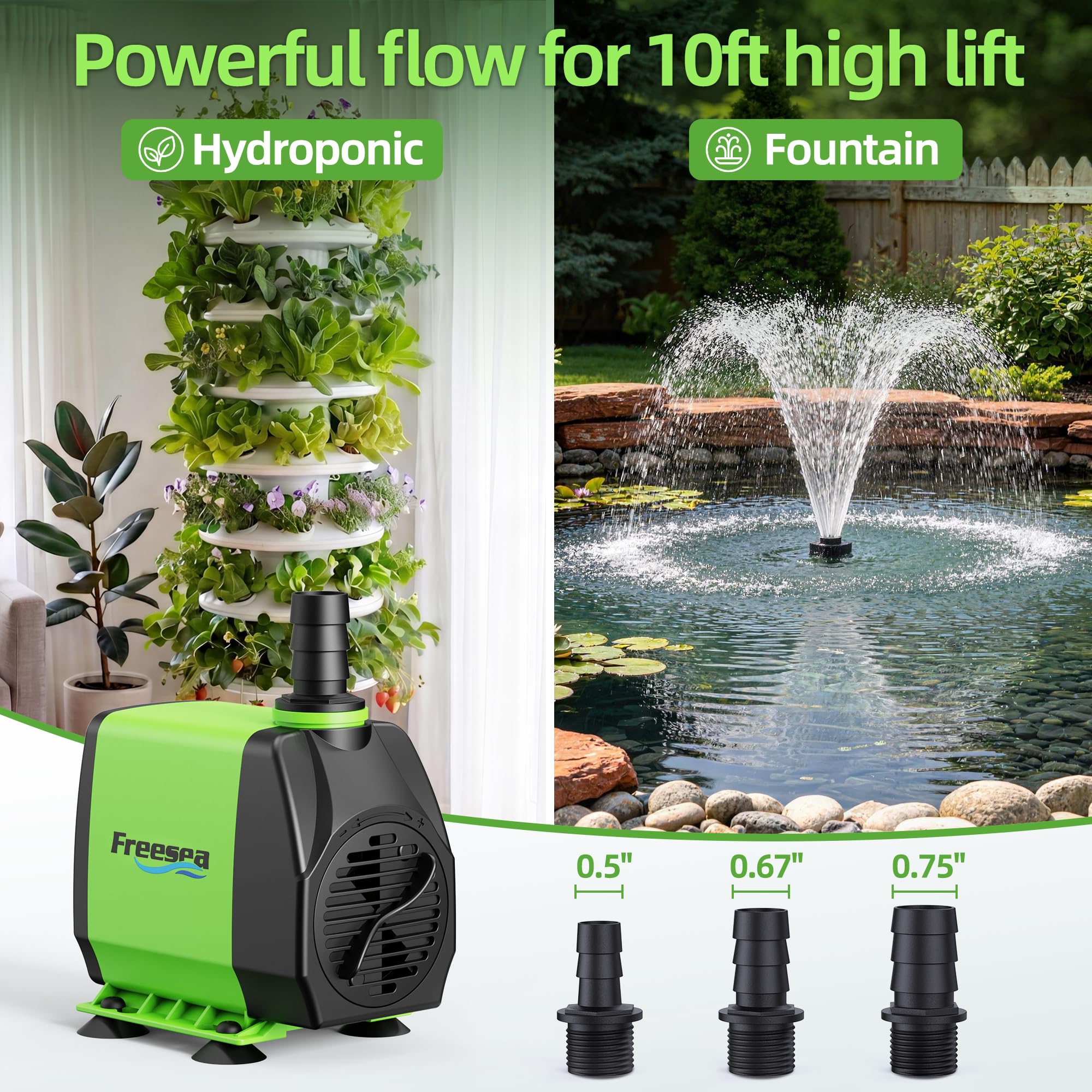 FREESEA etiqueta con especificaciones 800GPH 45W y elevación máxima 10ft