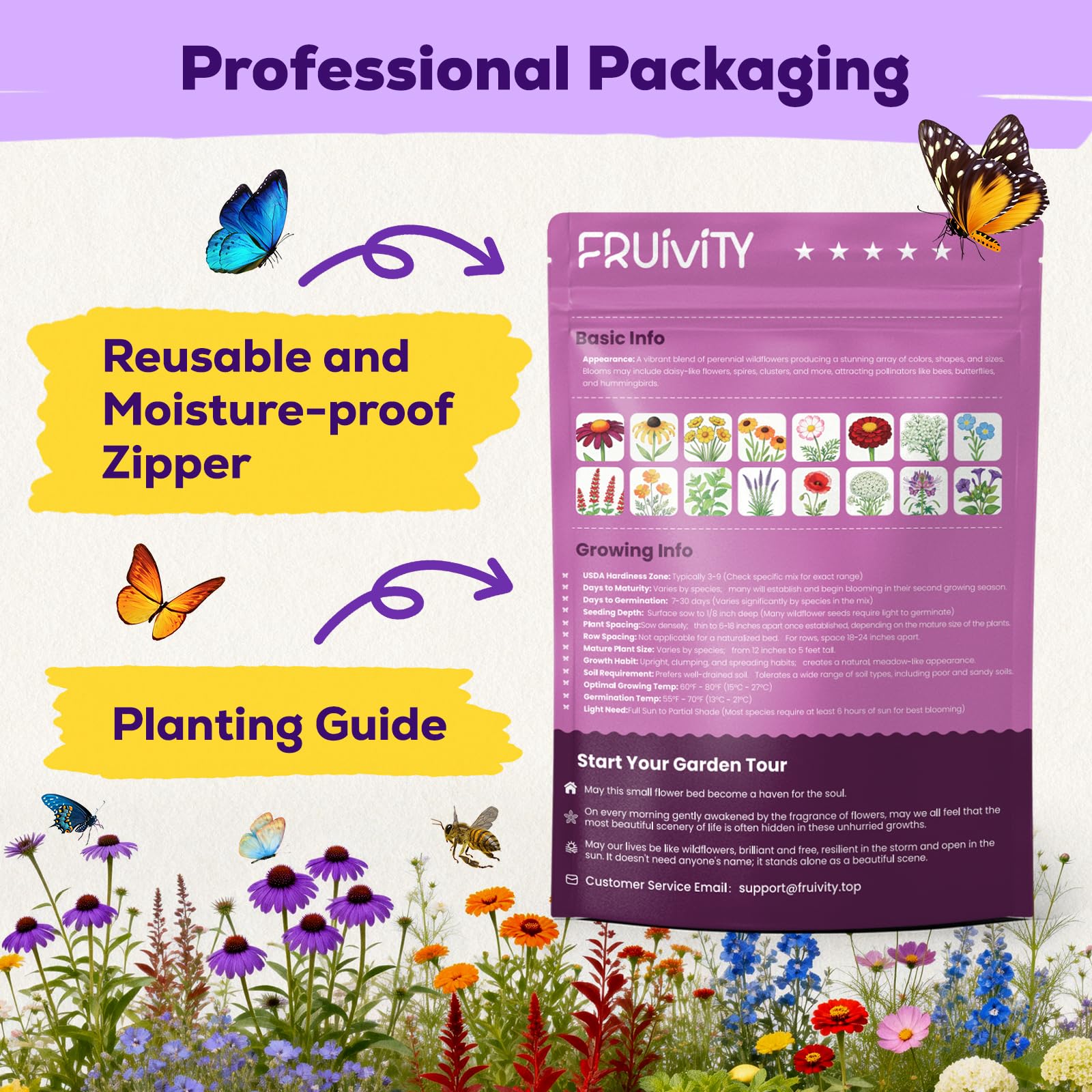 Fruivity pradera florecida con múltiples colores, atrae mariposas y abejas