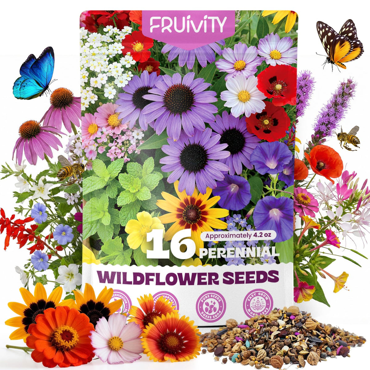 Fruivity paquete frontal mostrando diseño y cantidad de semillas, ideal para praderas