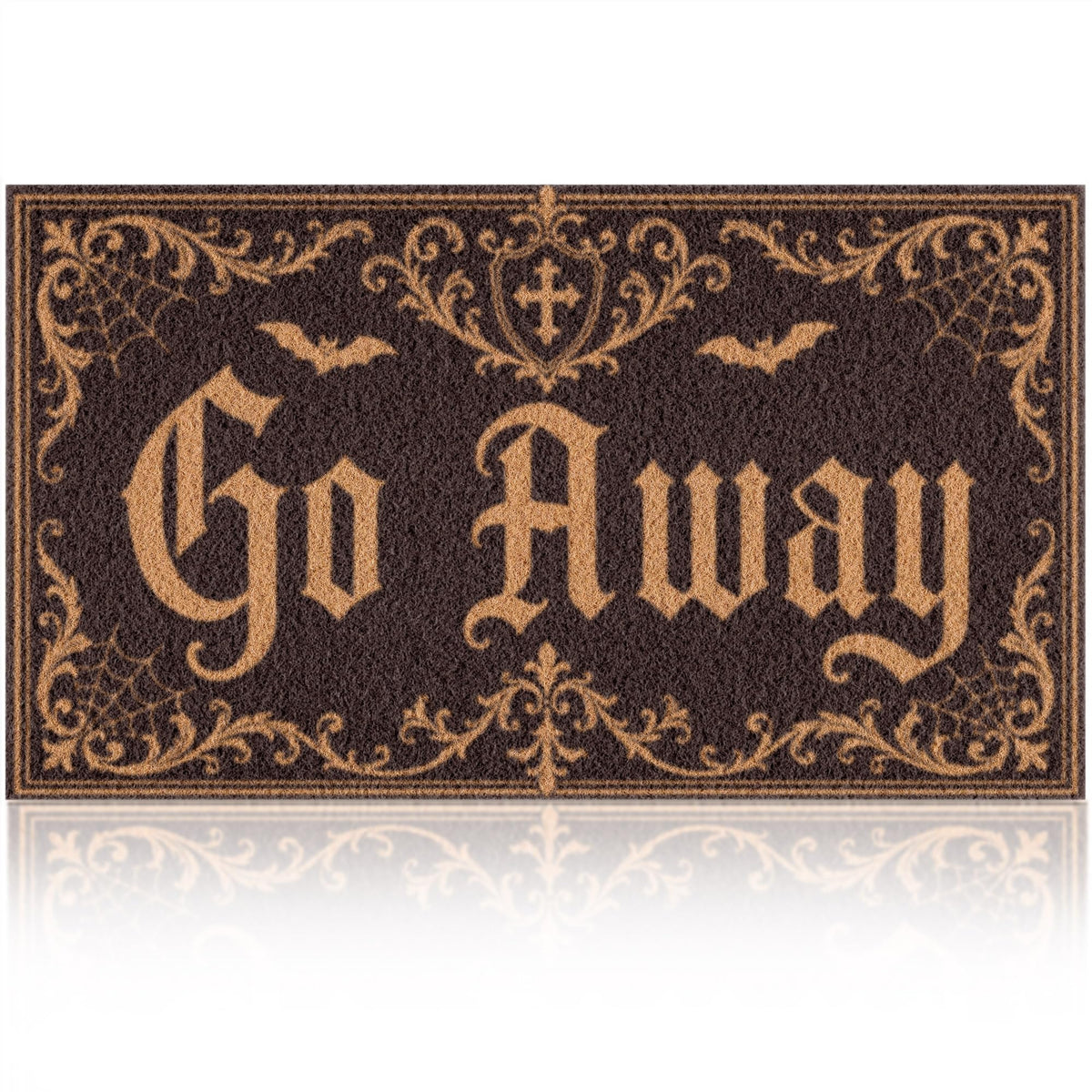 Fttoyoly felpudo gótico frontal mostrando diseño "Go Away" y bienvenida teatral