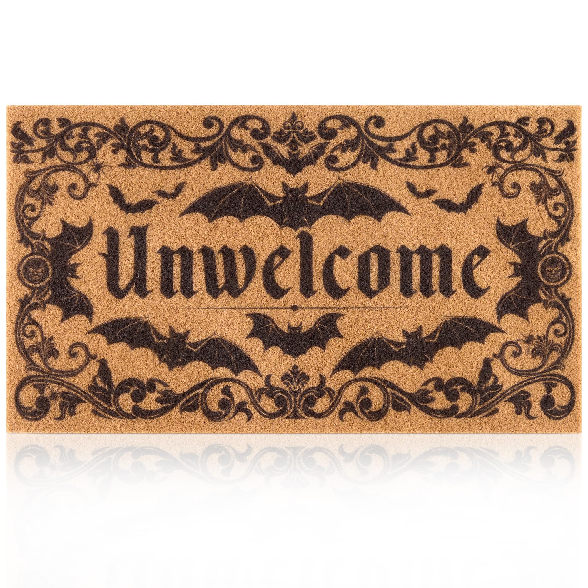 Fttoyoly felpudo gótico vista frontal con diseño 'Unwelcome' para bienvenida oscura
