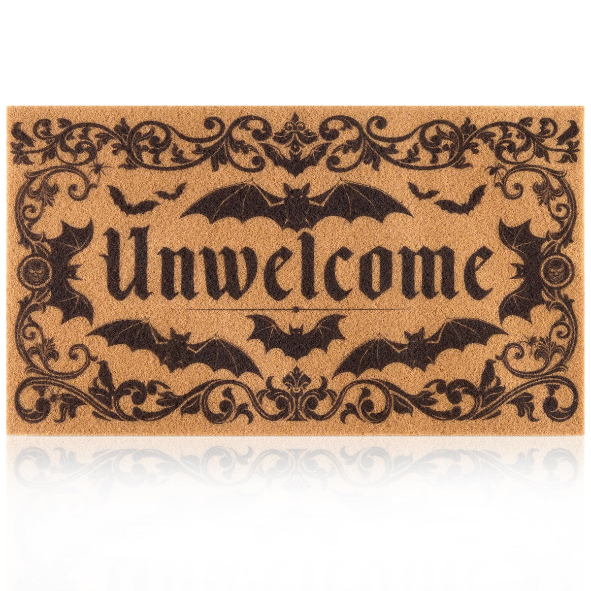 Fttoyoly felpudo gótico vista frontal con diseño 'Unwelcome' para bienvenida oscura