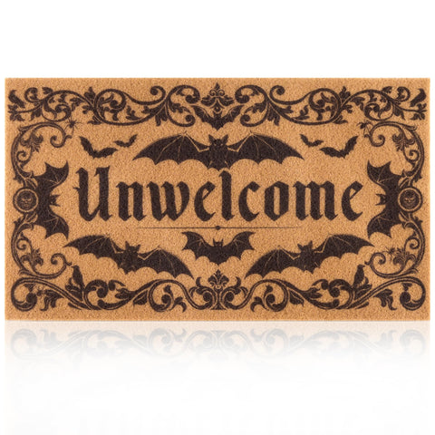 Fttoyoly felpudo gótico vista frontal con diseño 'Unwelcome' para bienvenida oscura