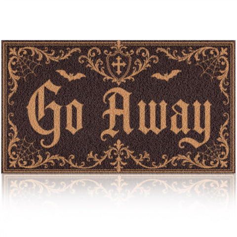 Fttoyoly felpudo gótico frontal mostrando diseño "Go Away" y bienvenida teatral