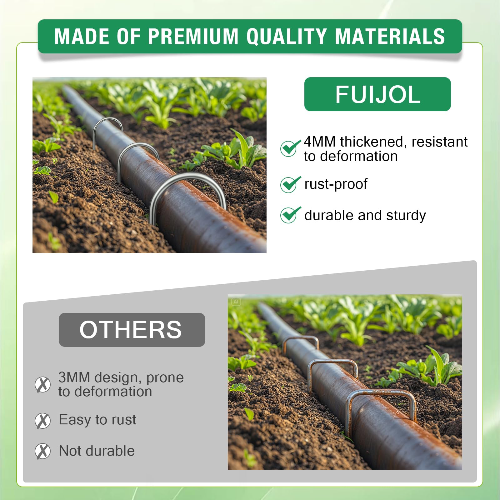 FUIJOL grapa sujetando tubería de riego, fijación estable y ordenada