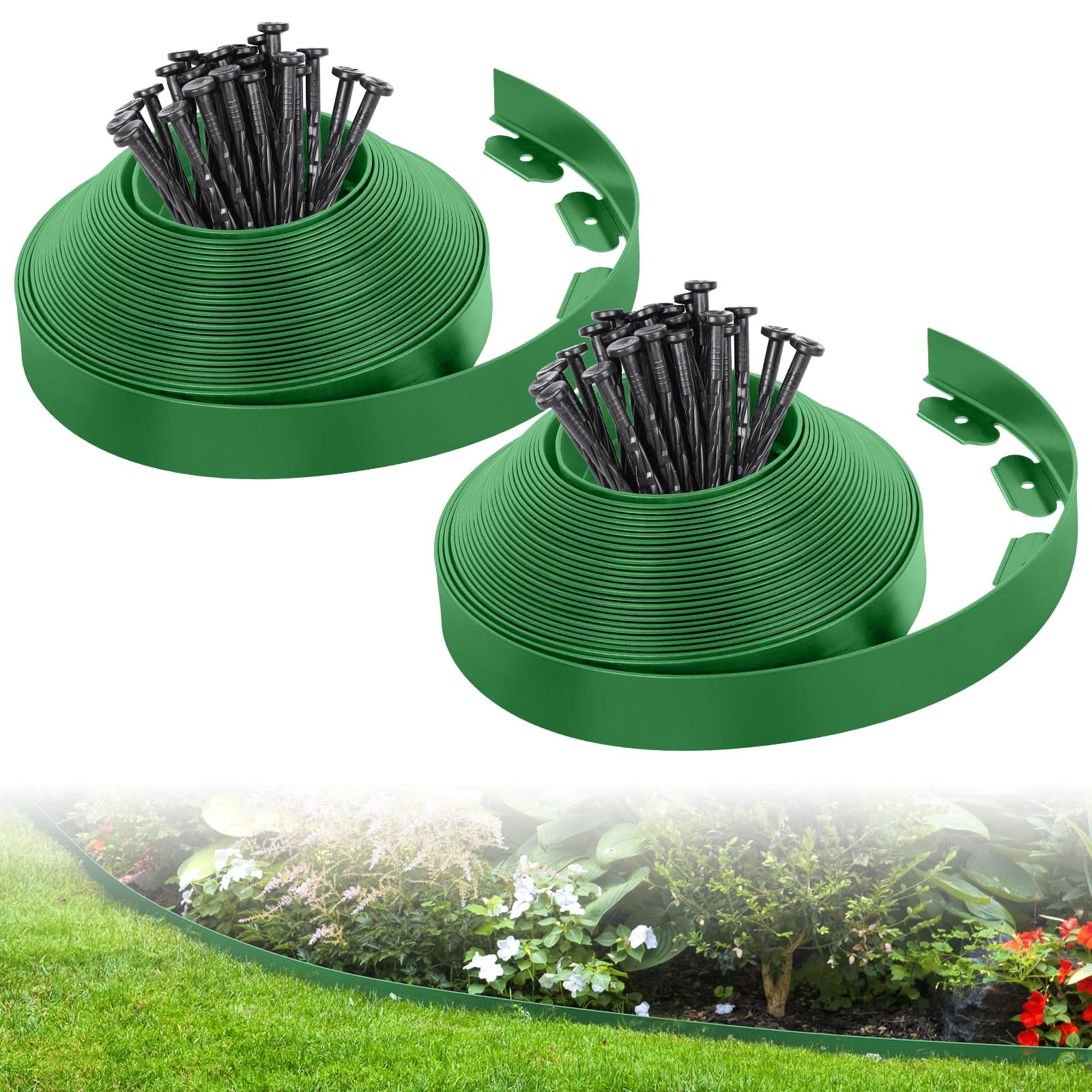 FunFanso vista frontal del rollo de bordura verde con estacas para instalación rápida