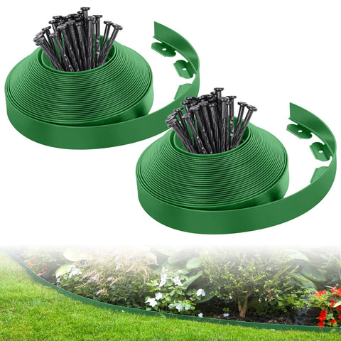 FunFanso vista frontal del rollo de bordura verde con estacas para instalación rápida