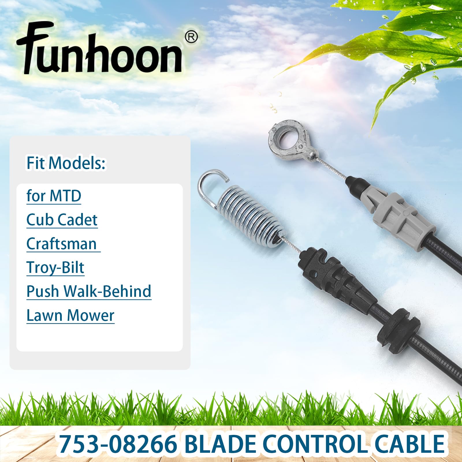 Funhoon cable instalado en manillar de cortacésped, facilita controlar la cuchilla