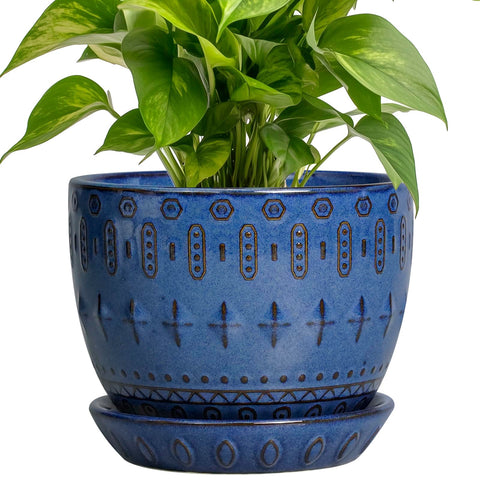G EPGardening maceta frontal azul mostrando su forma y acabado elegante