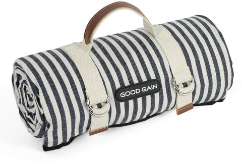 G GOOD GAIN vista frontal de la manta mostrando tamaño y color azul marino, ideal para picnics
