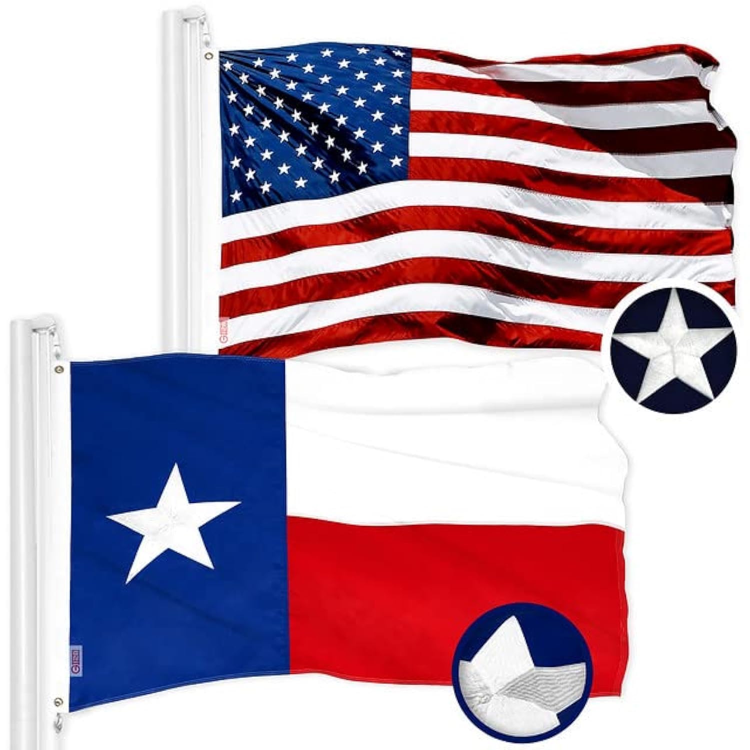 G128 bandera estadounidense y Texas frontal mostrando apariencia profesional
