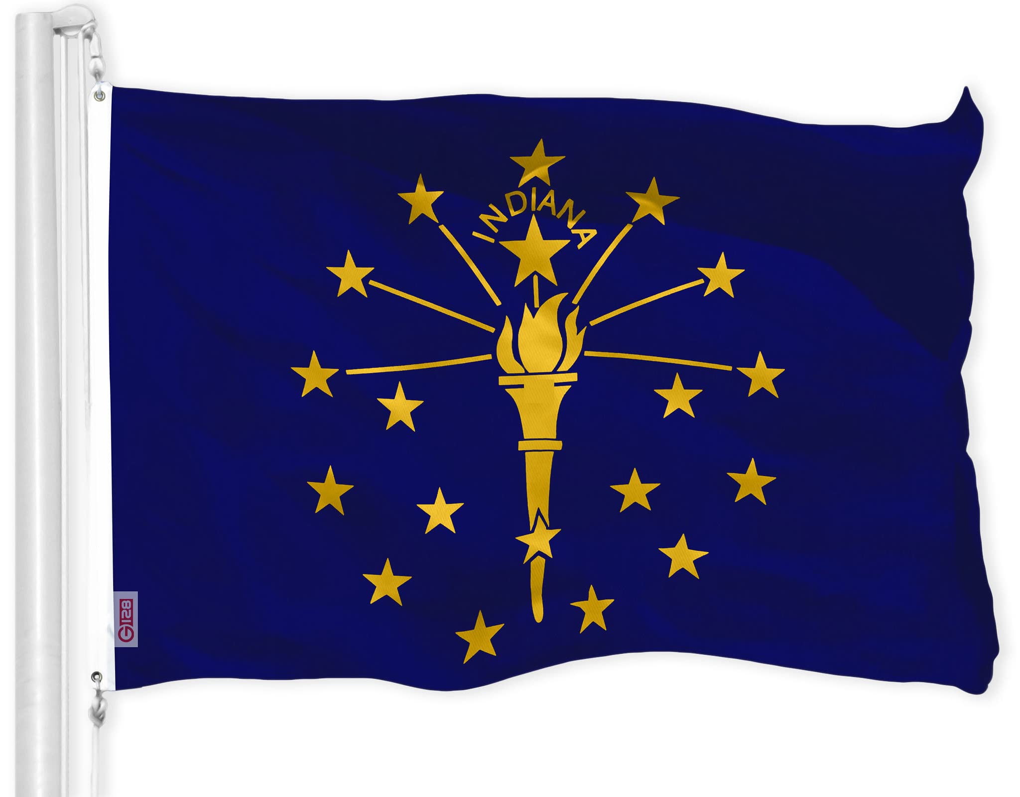 G128 bandera Indiana frontal mostrando colores vivos y diseño nítido