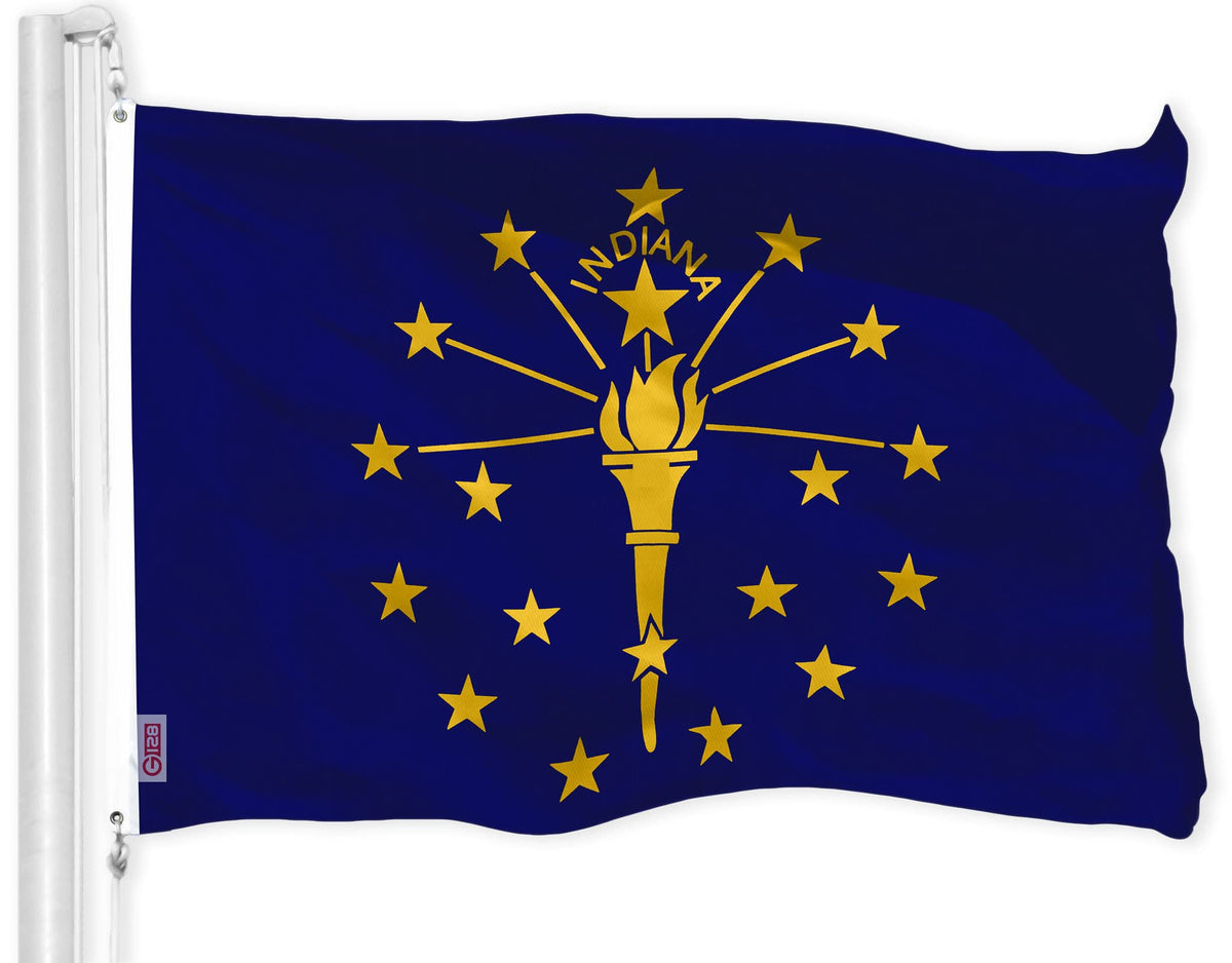 G128 bandera Indiana frontal mostrando colores vivos y diseño nítido