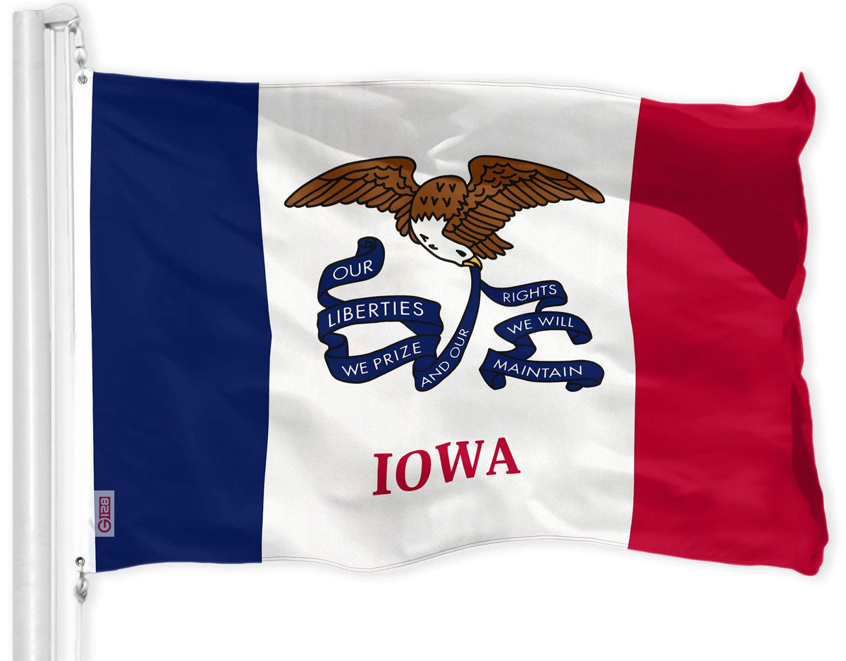 G128 bandera Iowa vista frontal con colores vibrantes y calidad