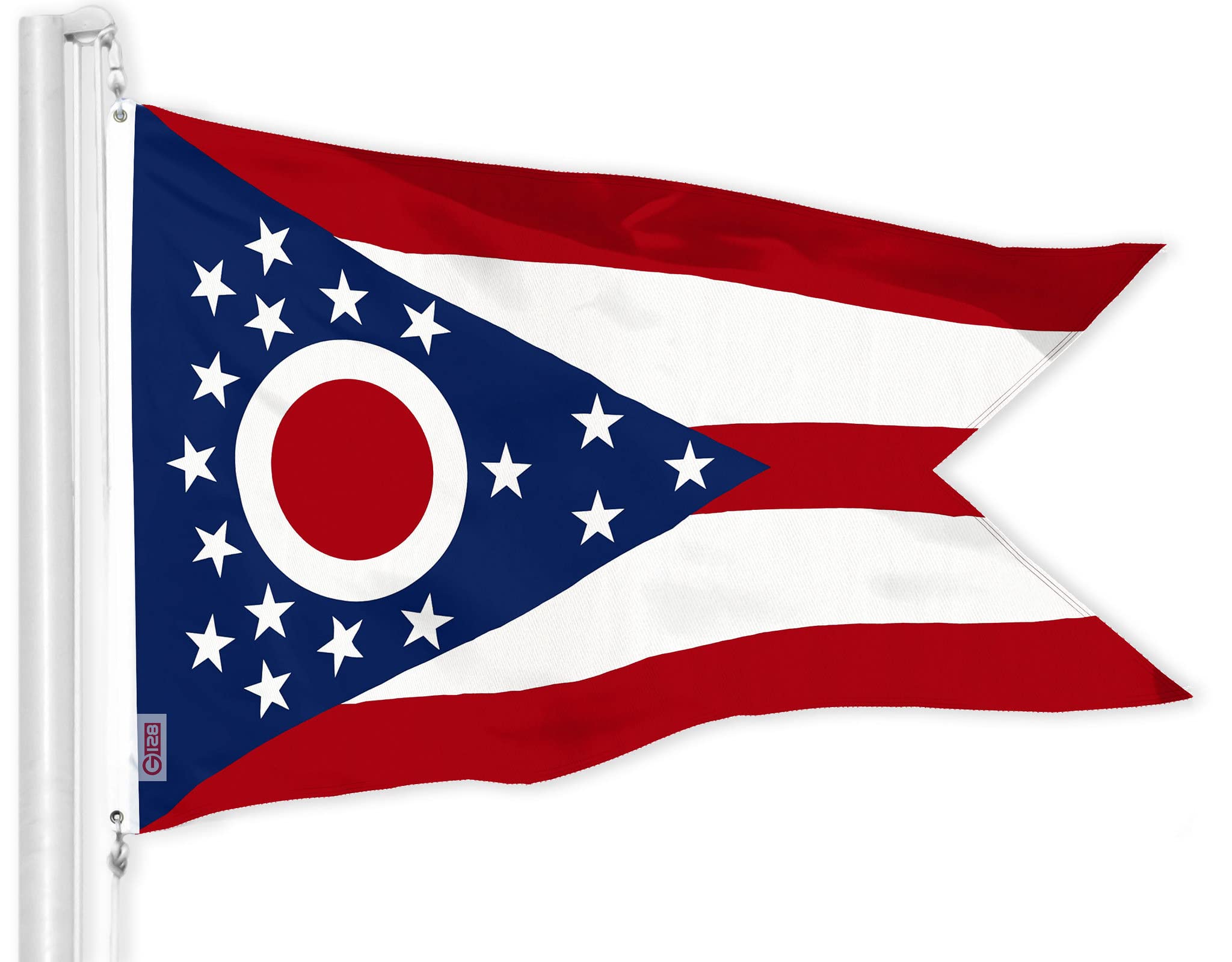 G128 bandera Ohio frontal mostrando colores vibrantes y diseño claro