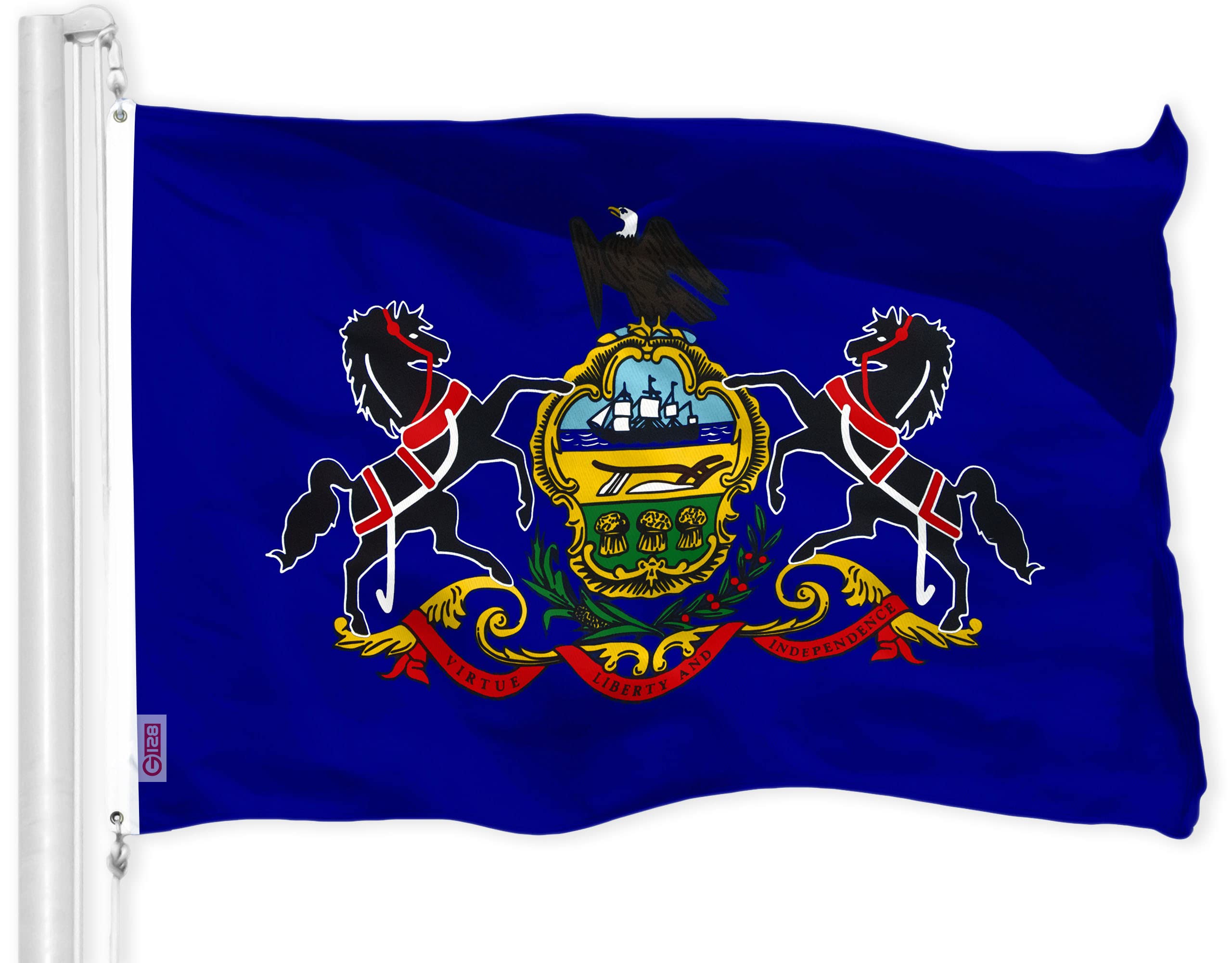 G128 bandera frontal mostrando diseño nítido y colores vivos