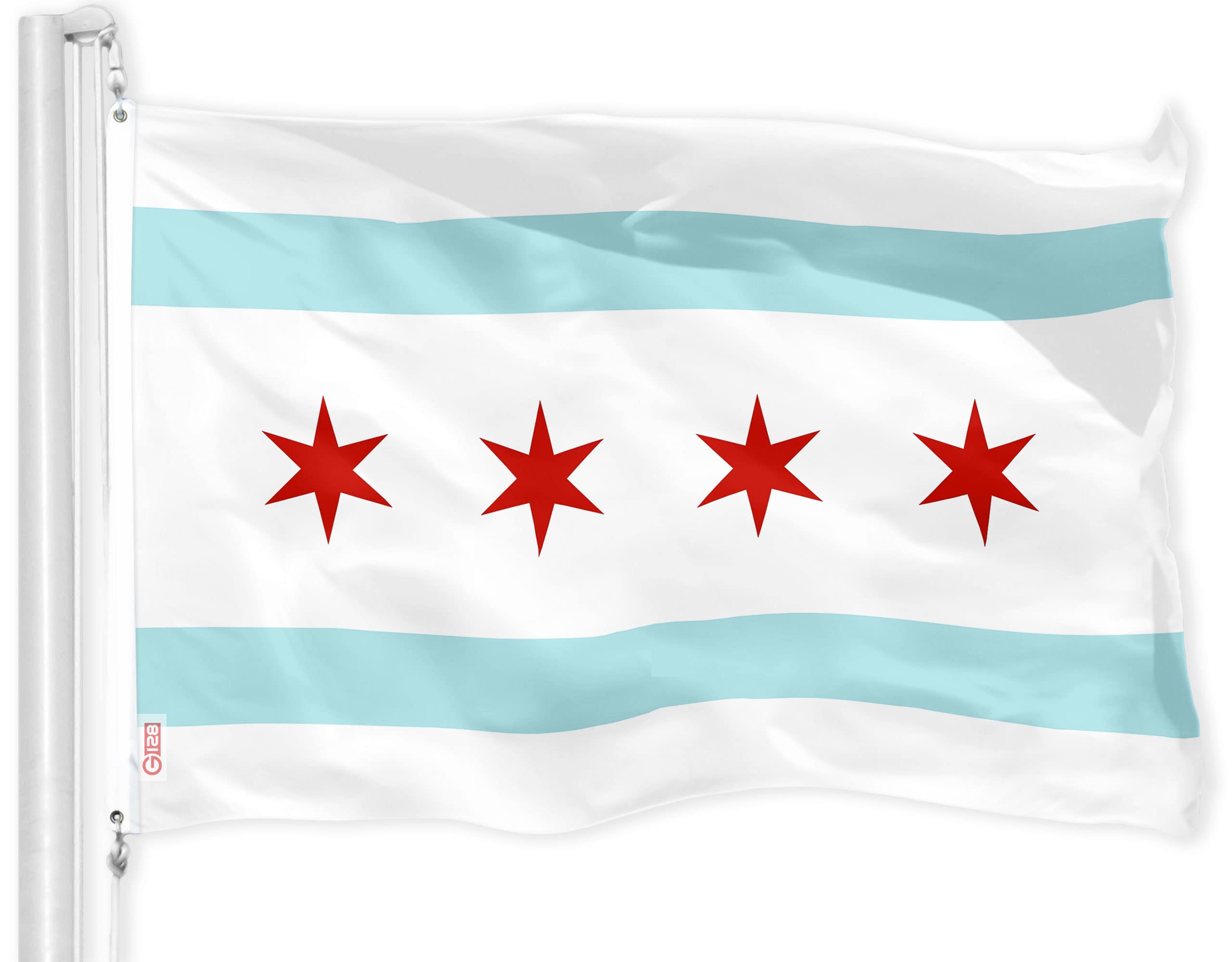 G128 bandera Chicago vista frontal mostrando colores vivos y diseño claro