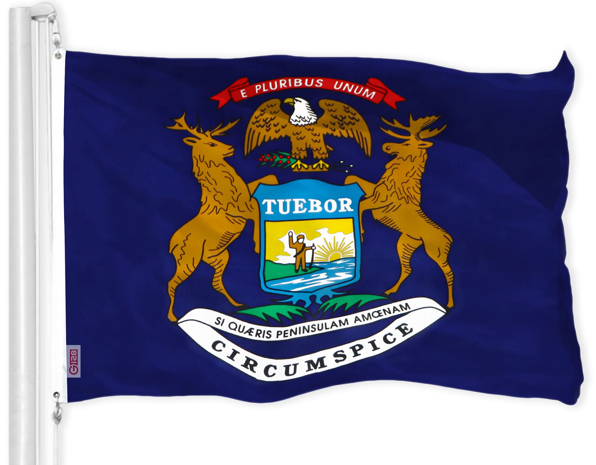G128 bandera Michigan vista frontal colores vivos y acabado duradero