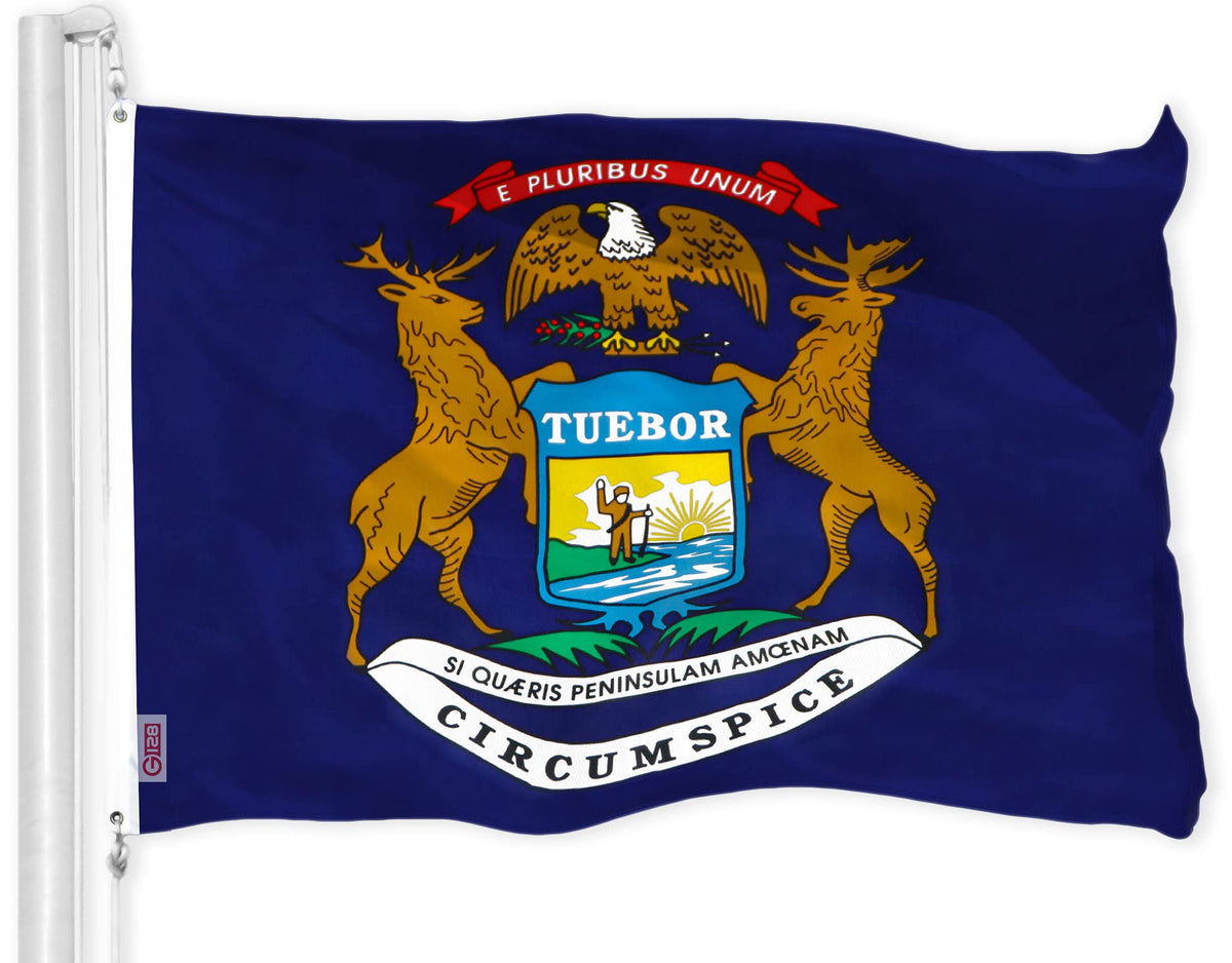 G128 bandera Michigan vista frontal colores vivos y acabado duradero