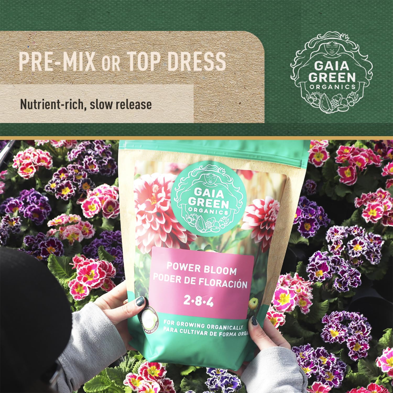Gaia Green producto en jardín con flores abundantes demostrando mejor rendimiento
