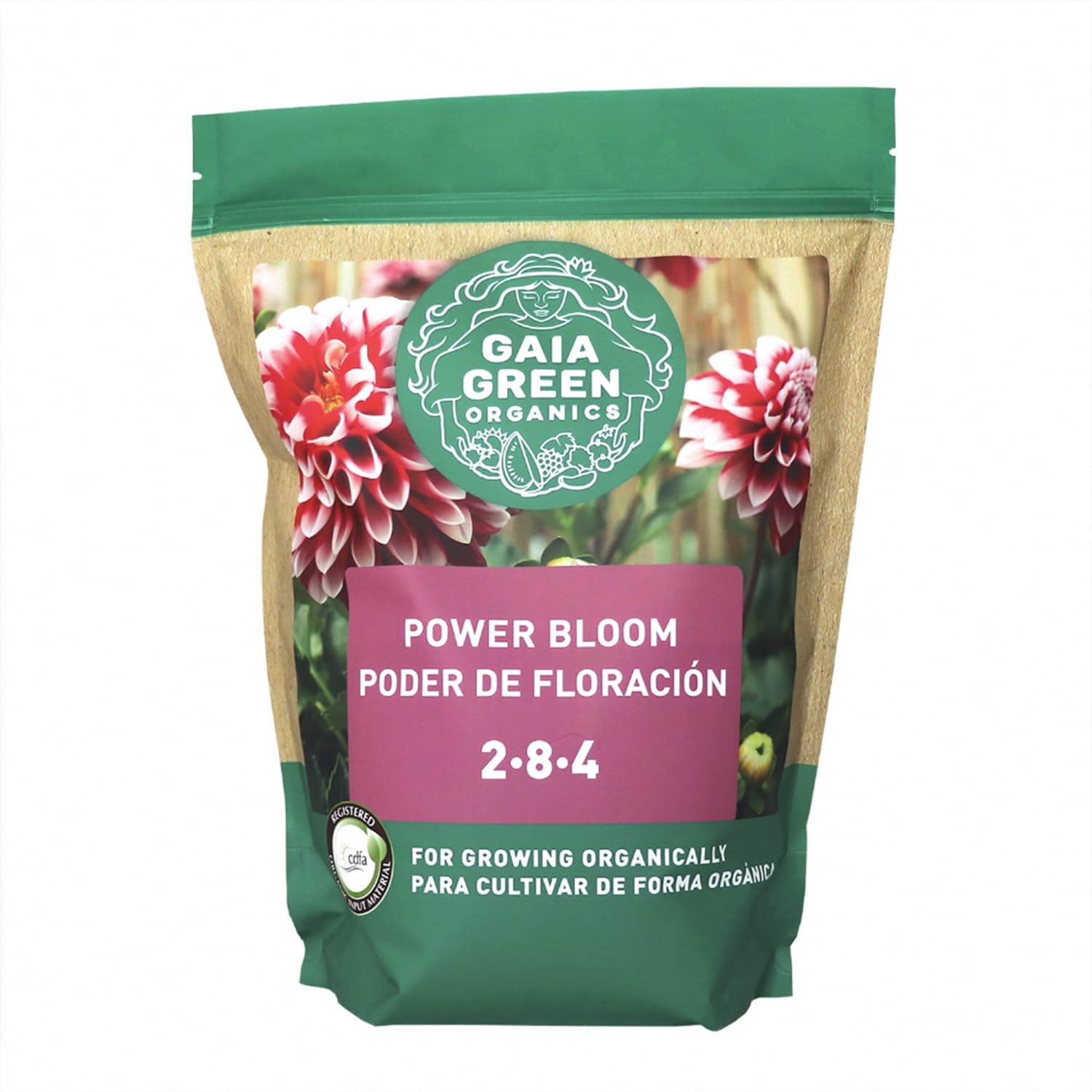 Gaia Green empaque frontal del fertilizante Power Bloom mostrando diseño y peso 2 kg