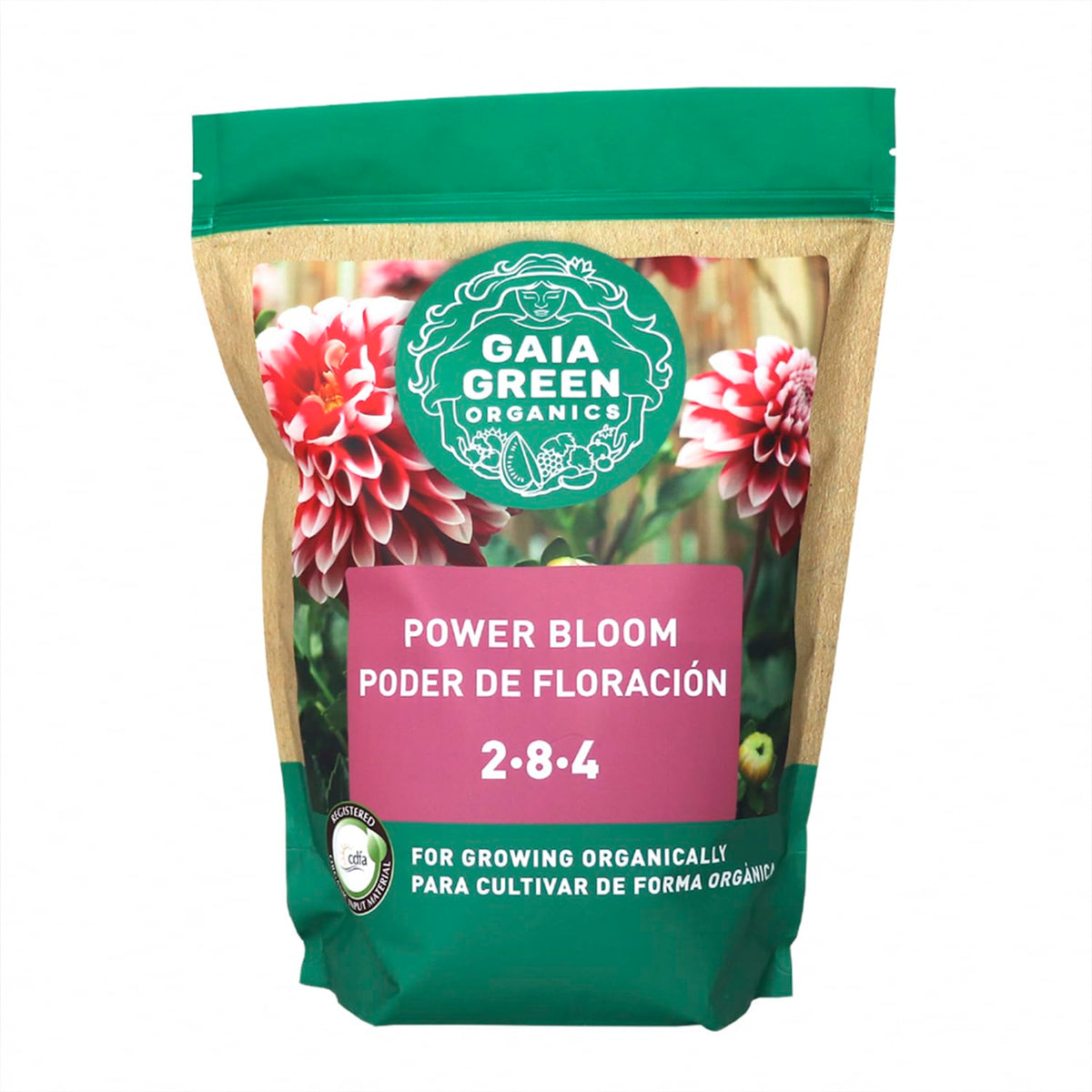 Gaia Green empaque frontal del fertilizante Power Bloom mostrando diseño y peso 2 kg