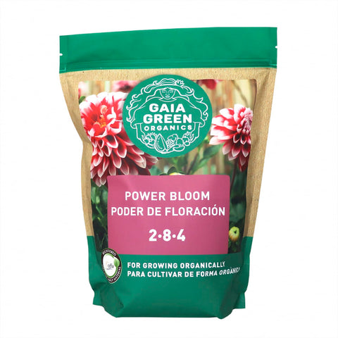 Gaia Green empaque frontal del fertilizante Power Bloom mostrando diseño y peso 2 kg