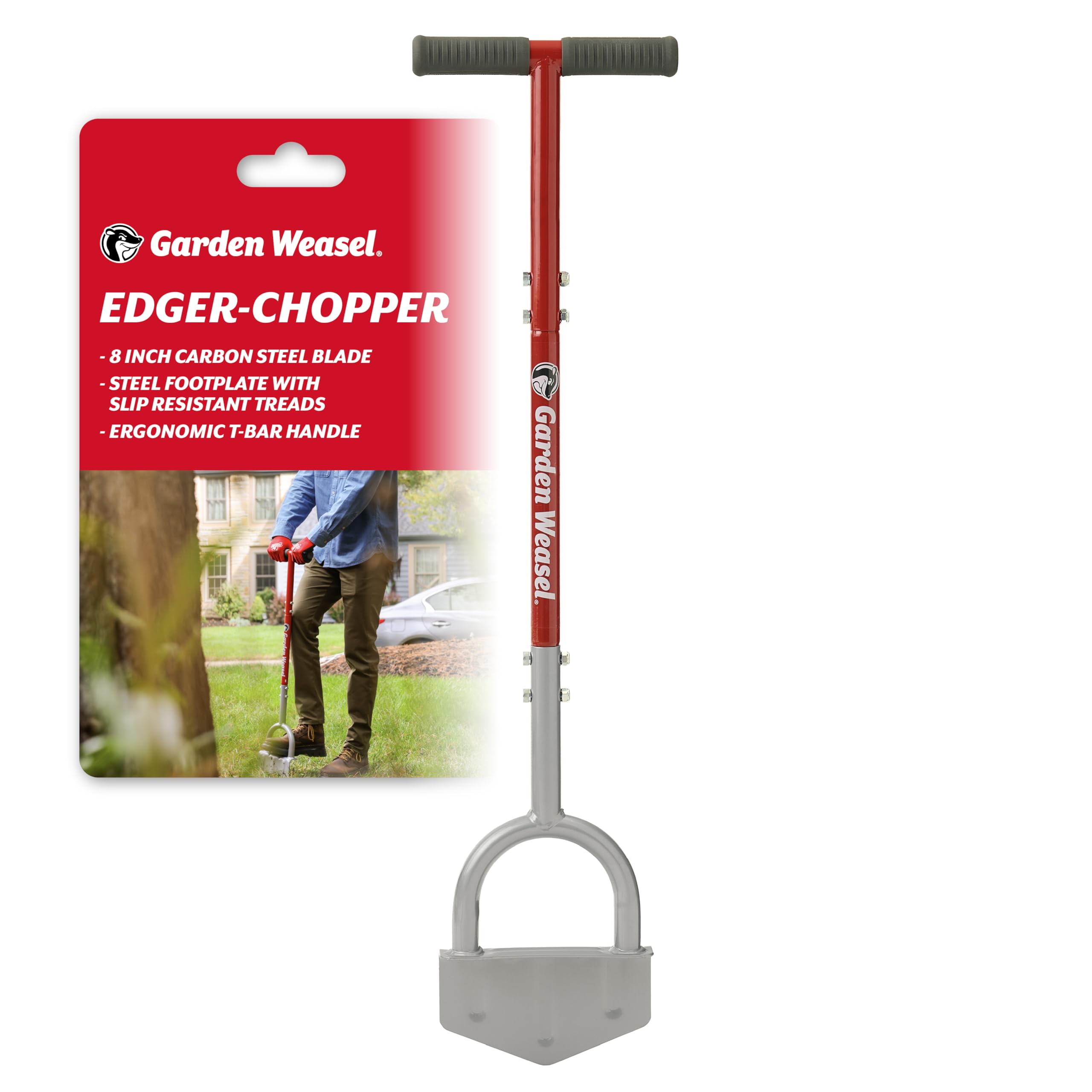 Garden Weasel vista frontal del envasado mostrando la herramienta y beneficio durabilidad