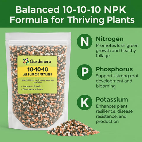 Gardenera detalle de etiqueta NPK 10-10-10 para nutrición equilibrada