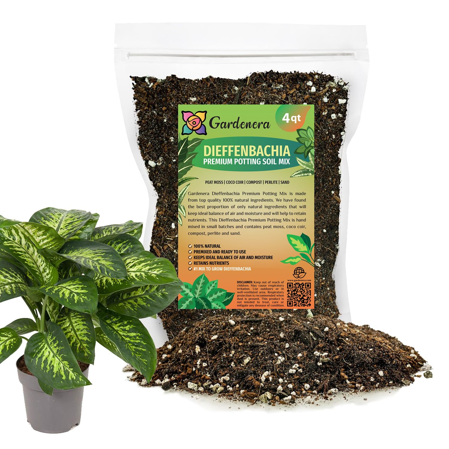 Gardenera empaque frontal mostrando mezcla para Dumb Cane y beneficios de cultivo